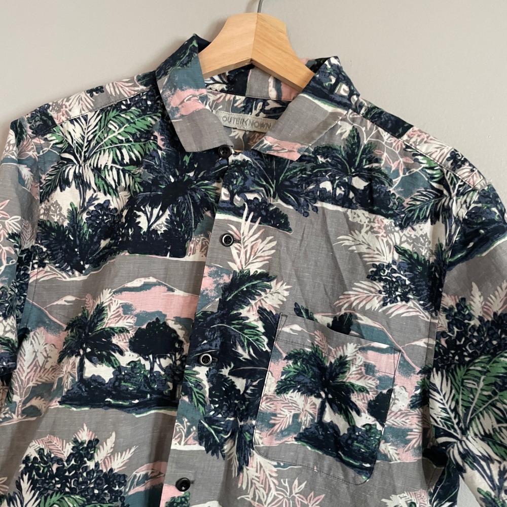 Outerknown Shirt Mens Medium Gray Pink Palm Tree Organic Cotton Hemp Tropical
